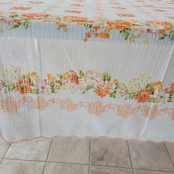 Vintage Red & Orange Floral Grid White Lace Tablecloth, 61x77 - Picture 4 of 5